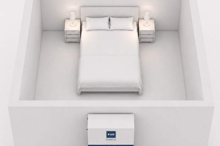 Bedroom with a bed and two nightstands, featuring F20 branded boxes.