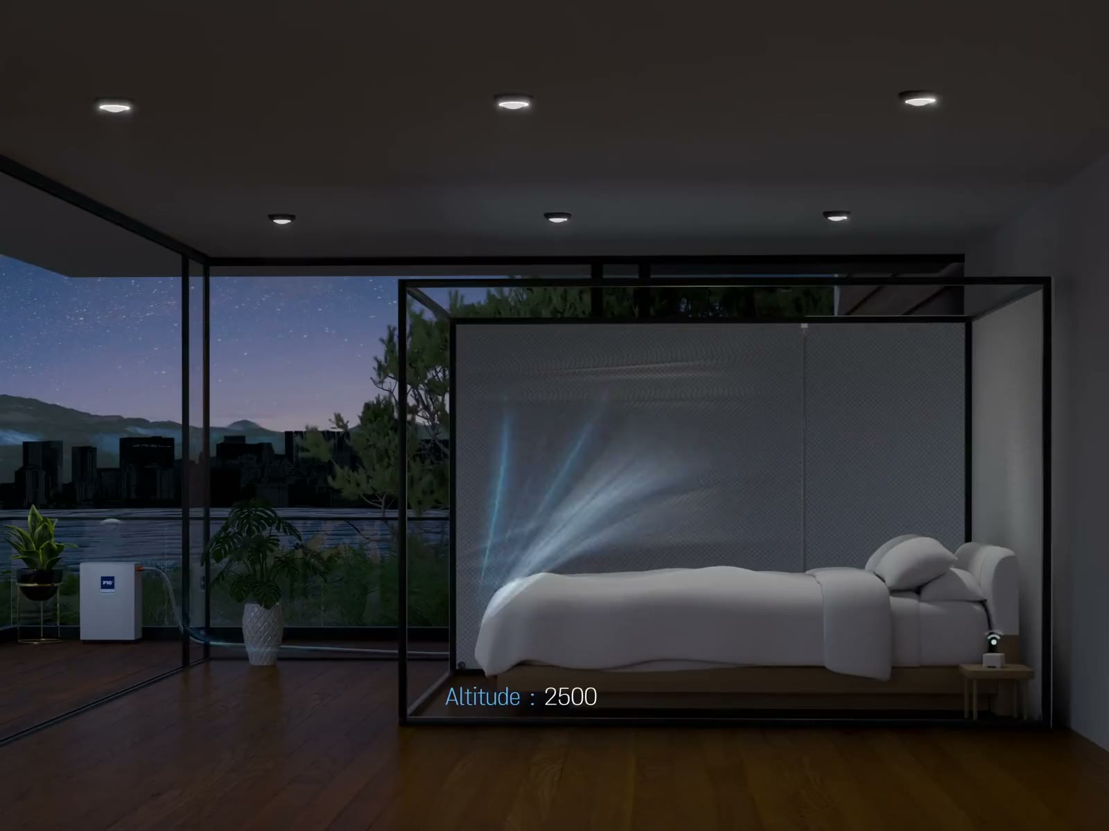 Sleep Cloud altitude tent over a bed at night, with the altitude generator by the window